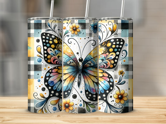 Butterfly design on three insulated tumblers with plaid pattern.