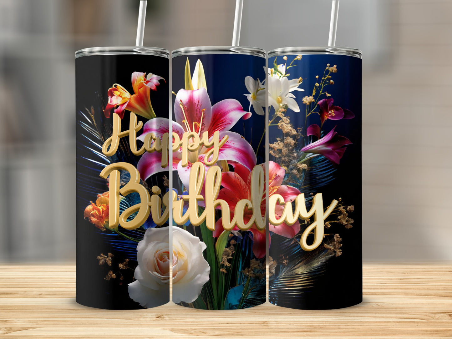 Floral birthday tumbler with gold lettering.