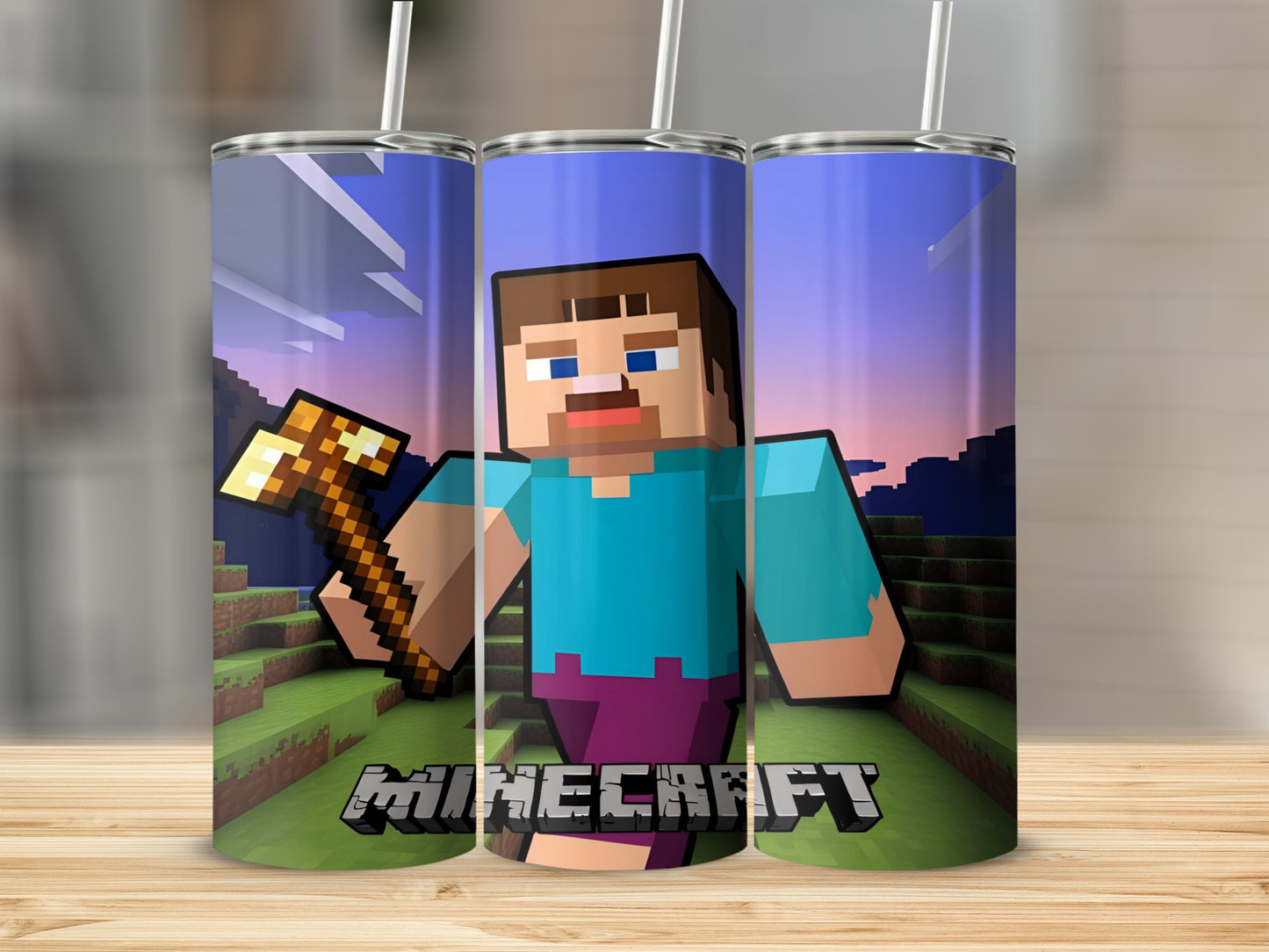 Minecraft Steve character holding a golden axe, standing in a pixelated landscape.