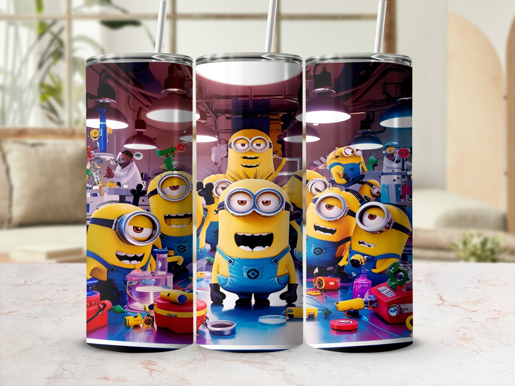 Minions in a laboratory setting with tools and beakers on a counter.