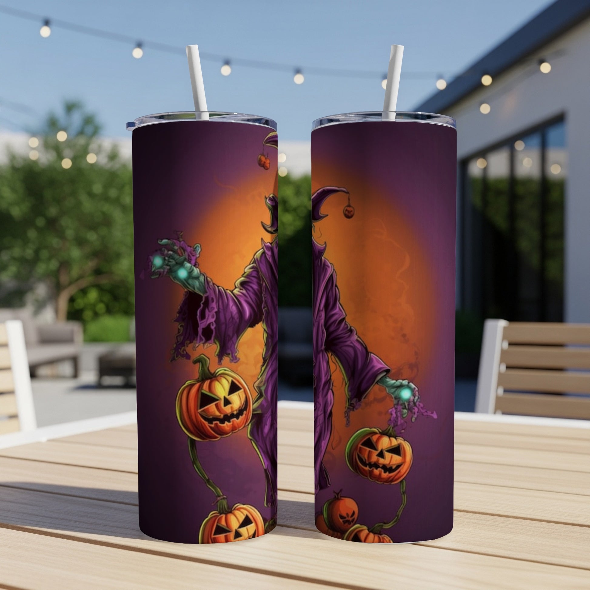 Two tumblers featuring a purple-robed figure with glowing green hands and jack-o'-lanterns.