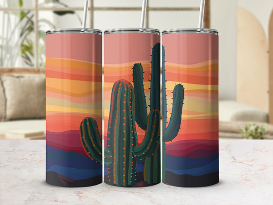 Three tumblers with a desert sunset and cactus design.
