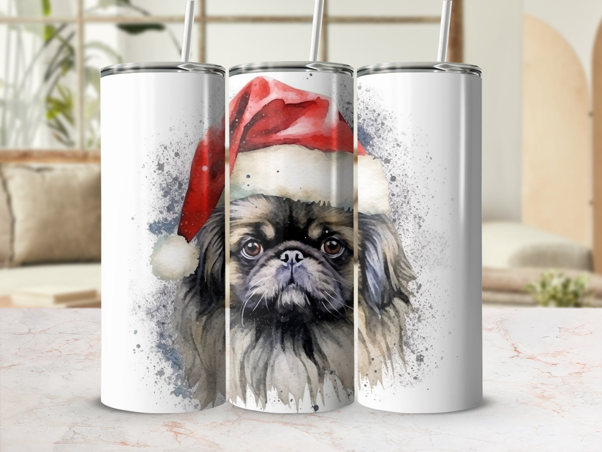 Watercolor pug wearing Santa hat on three blank tumblers.
