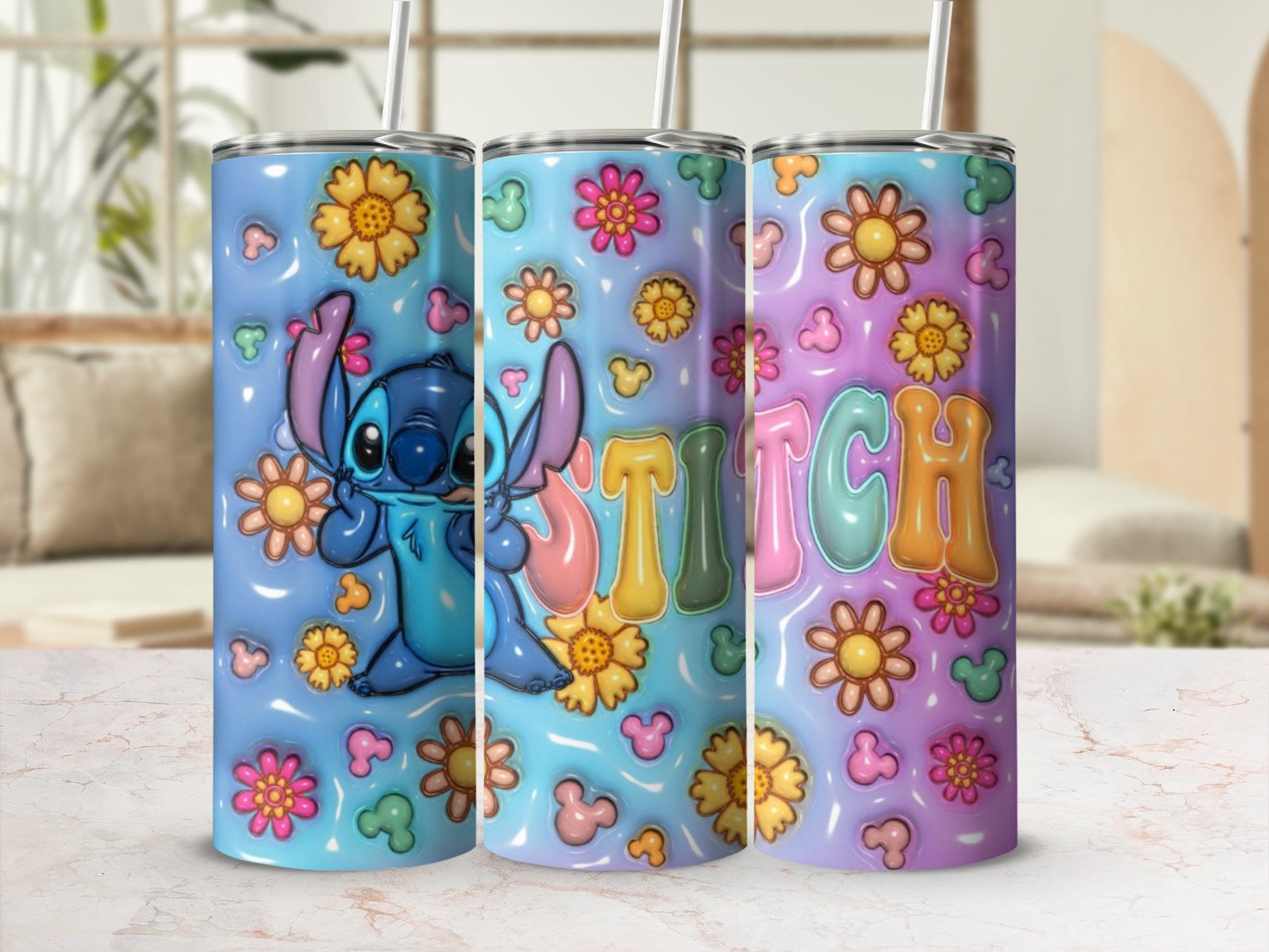 Cute and Colorful Stitch Floral Design Tumbler Cup