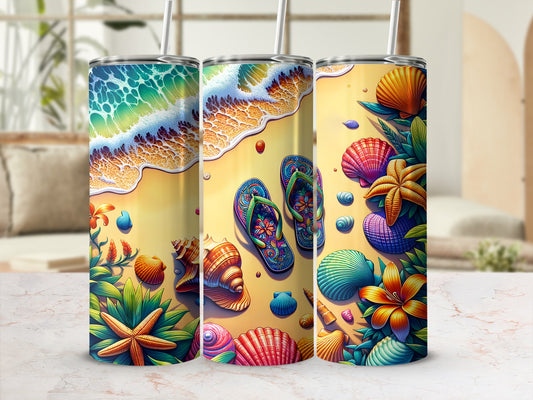Three tumblers featuring beach scenes with seashells, starfish, and flip-flops.