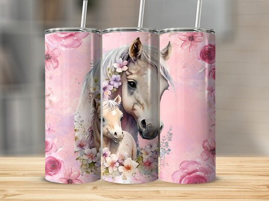 Lovely Horse and Foal Floral Design Tumbler