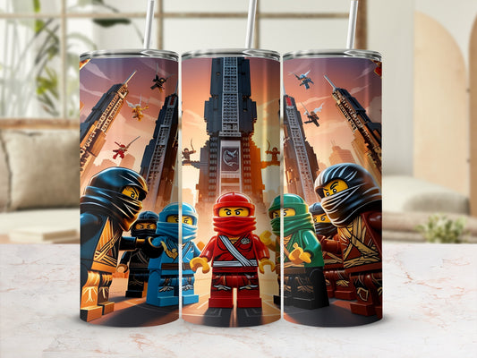 Ninjago characters standing in front of a cityscape with buildings and helicopters.