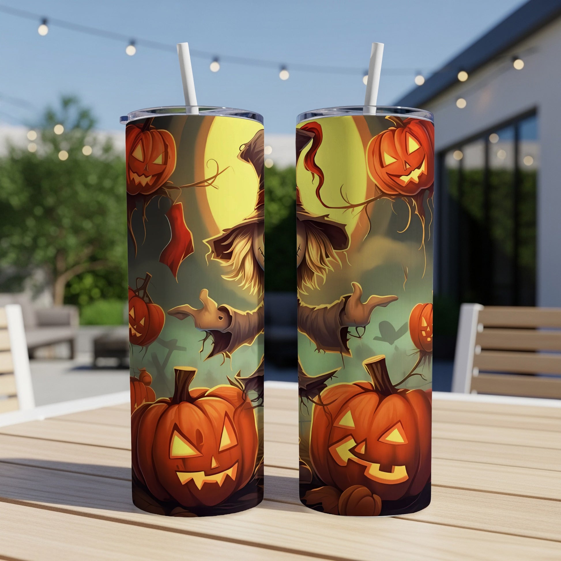 Two tumblers with a Halloween scarecrow and jack-o'-lantern design sit on a wooden table.