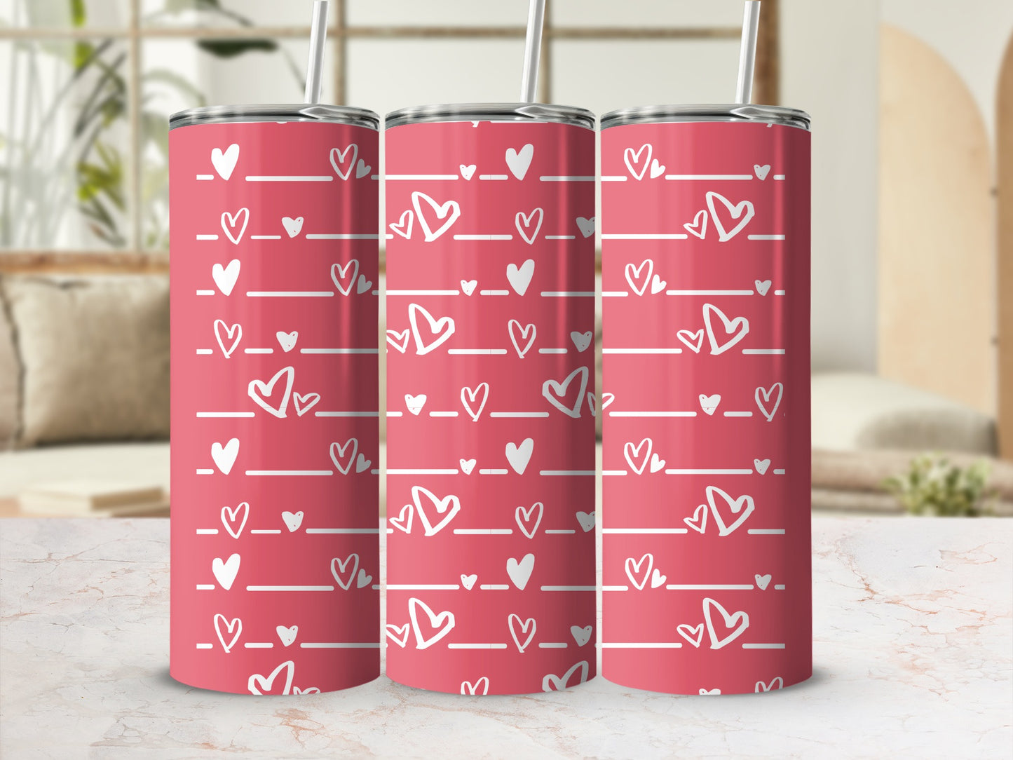 Pink Tumbler with Heart Patterns Stylish Drinkware