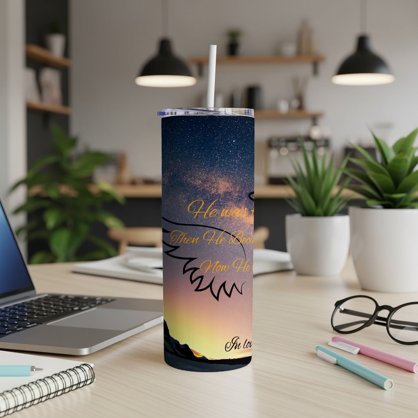 Tall tumbler with a starry sky design and sunset wings, saying "He was then He is now".