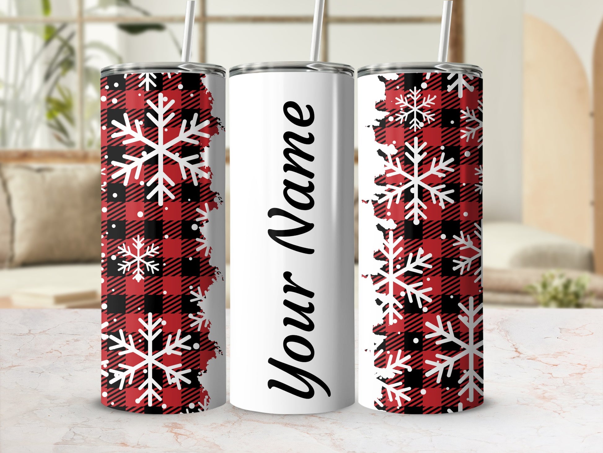 Personalized Snowflake Plaid Tumbler with Your Name