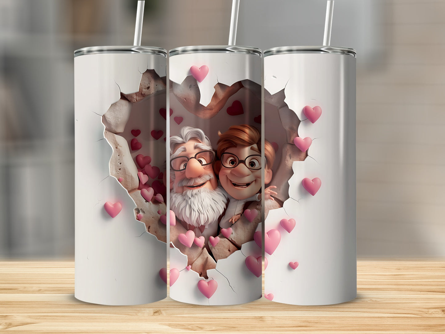 Cartoon couple bursting through a cracked heart with pink hearts.
