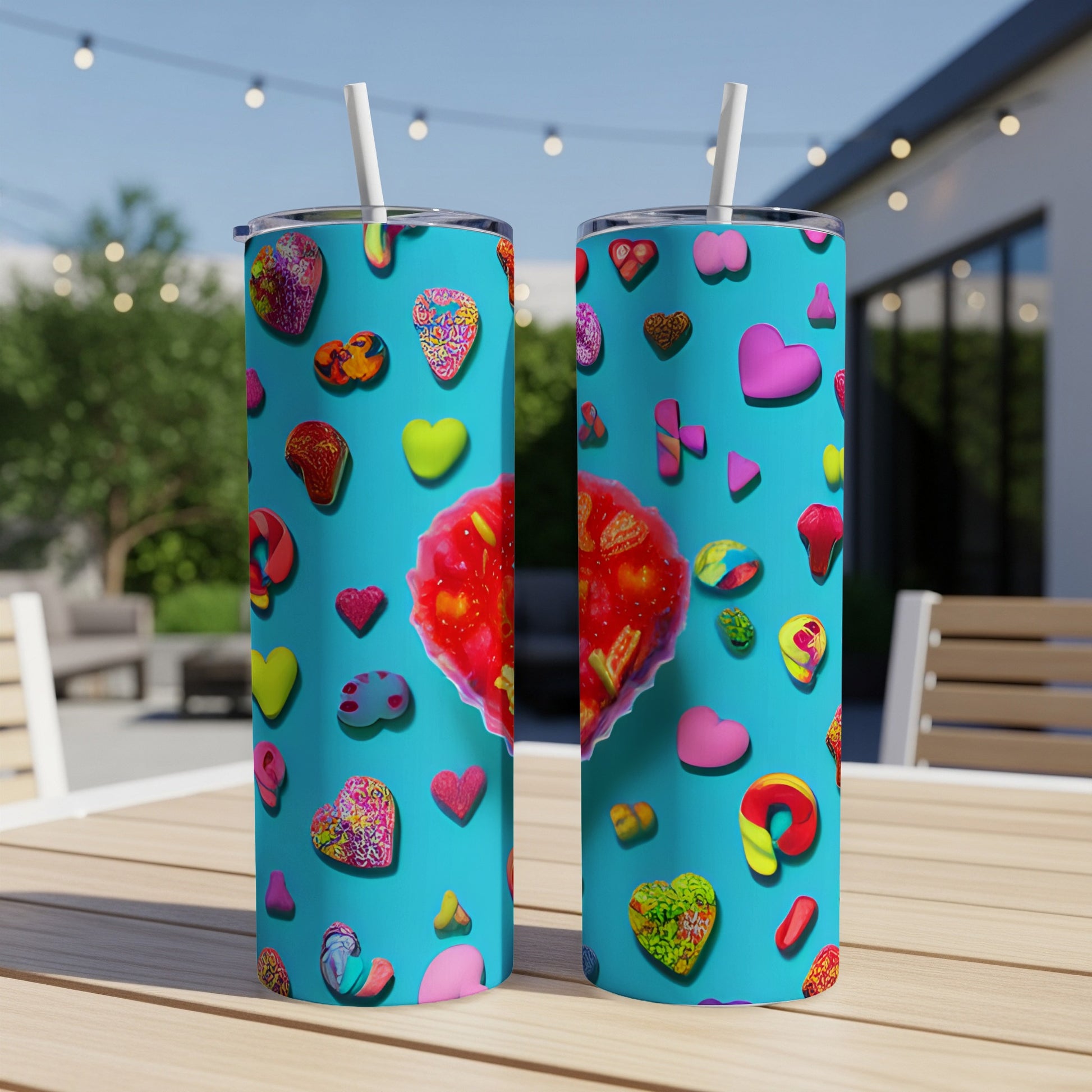 Two teal tumblers with colorful candy heart pattern and a large red heart.