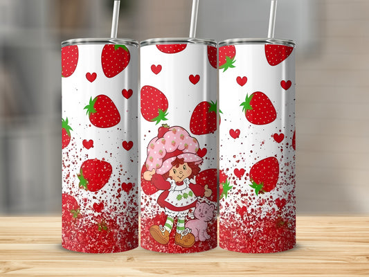 Three strawberry-themed tumblers with a cartoon girl and pink cat design.