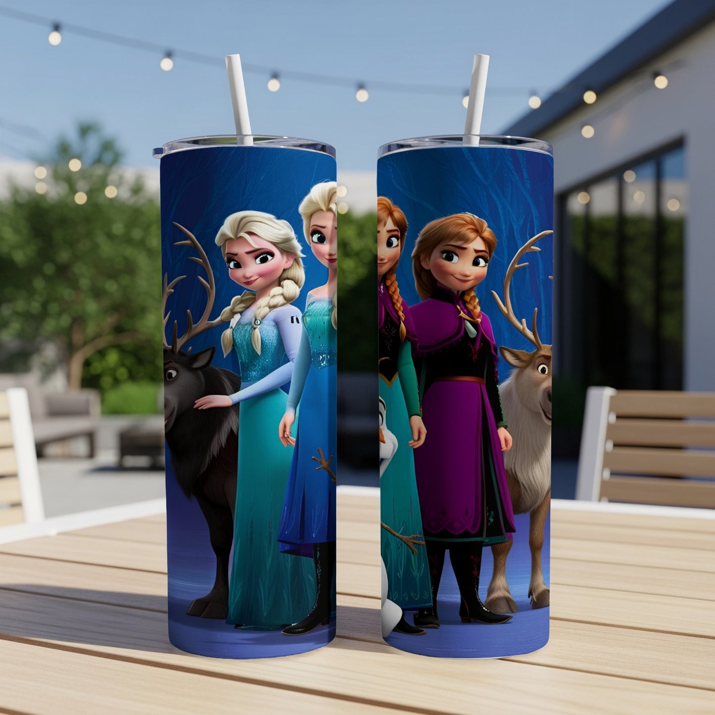 Disney's Frozen characters Elsa, Anna, and Olaf on a blue insulated tumbler.