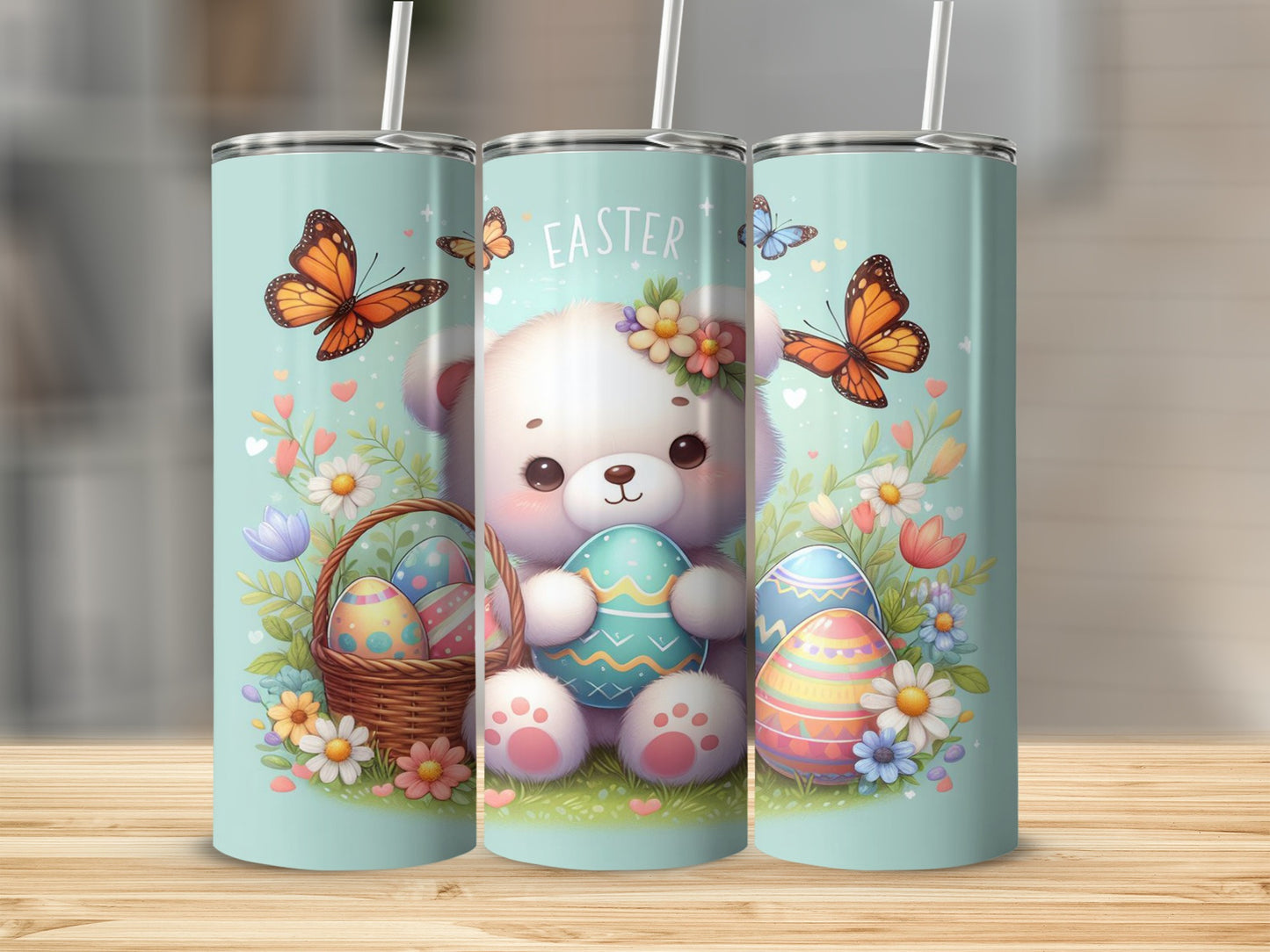 Easter teddy bear with basket of eggs and butterflies.