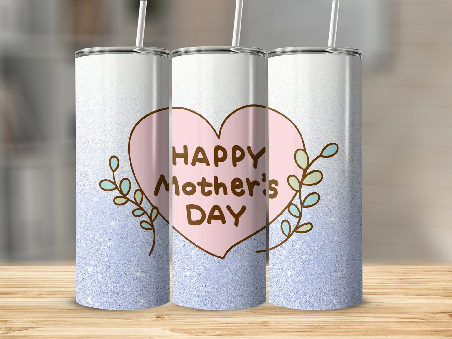 Three tumblers with a pink heart and "Happy Mother's Day" text.
