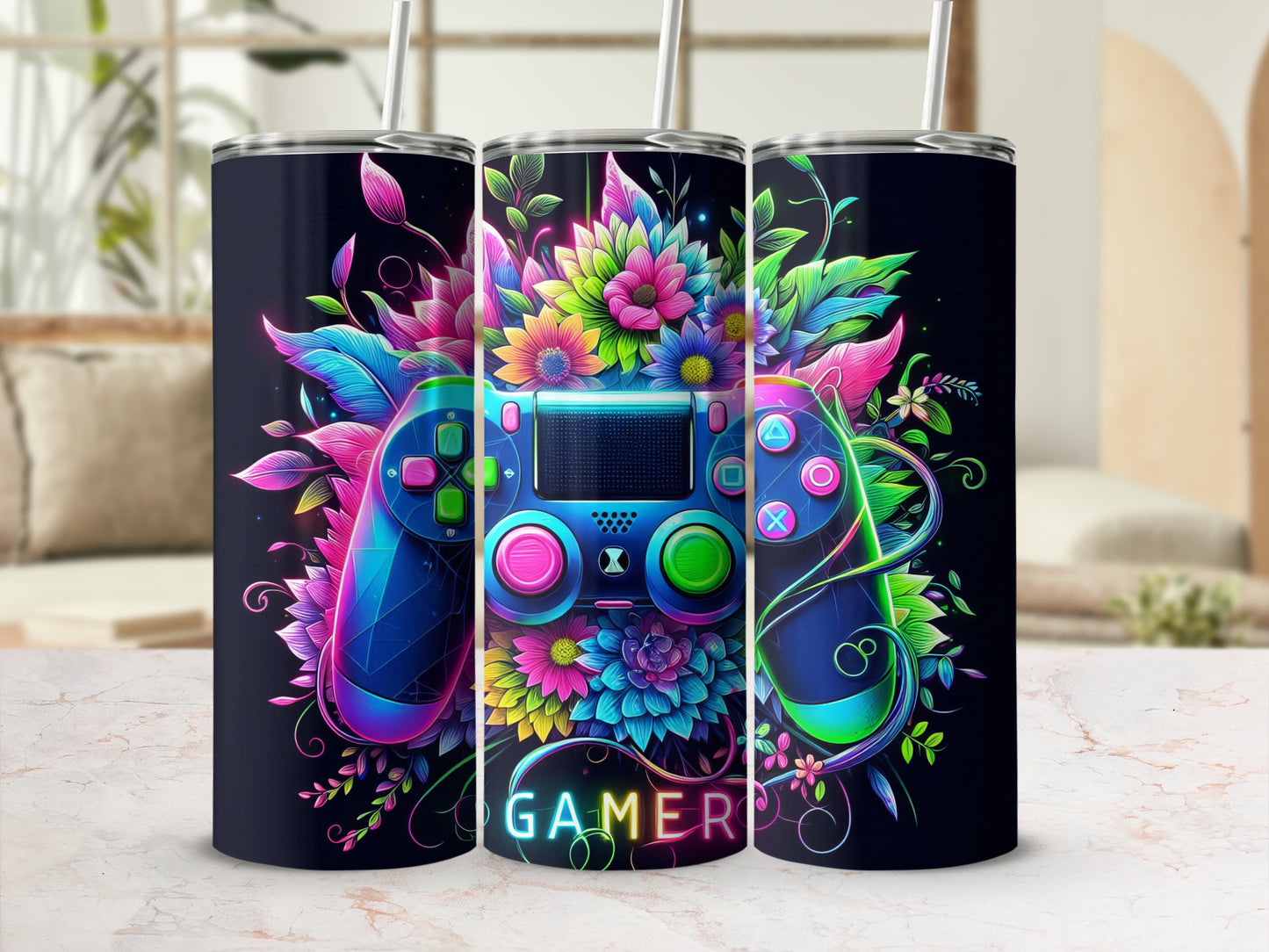 Neon gaming controller with colorful floral accents on black tumbler.