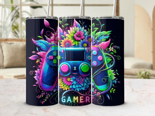 Neon gaming controller with colorful floral accents on black tumbler.