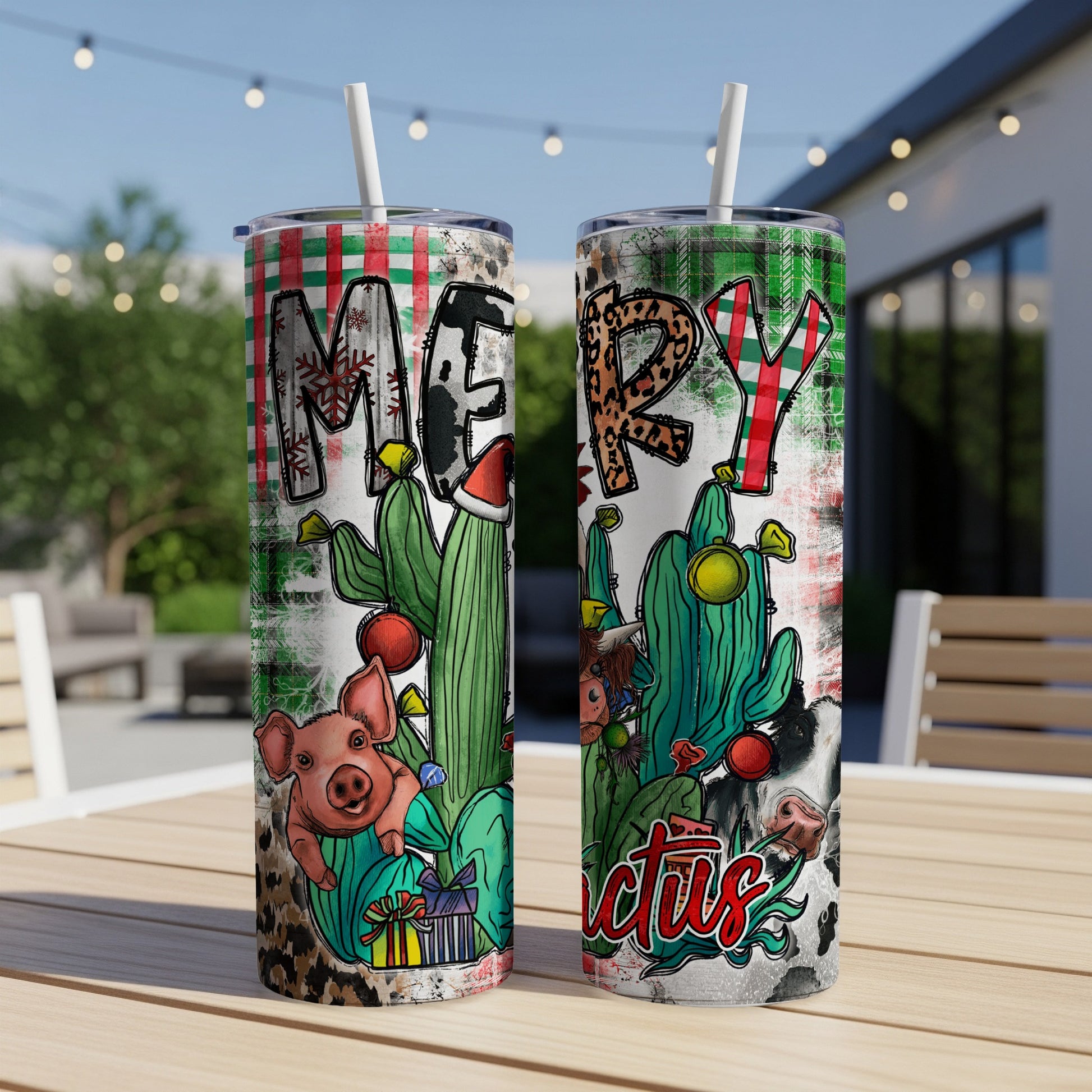 Two tumblers with Christmas cactus and farm animal designs.