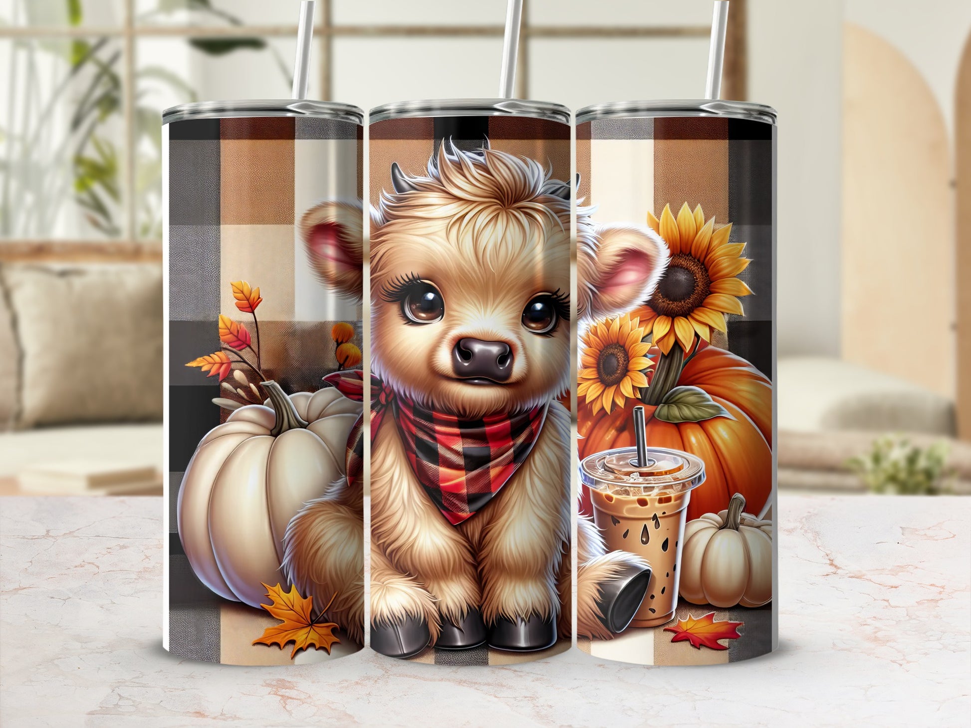 Cute cartoon cow with plaid bandana, pumpkins, and sunflower on a tumbler.