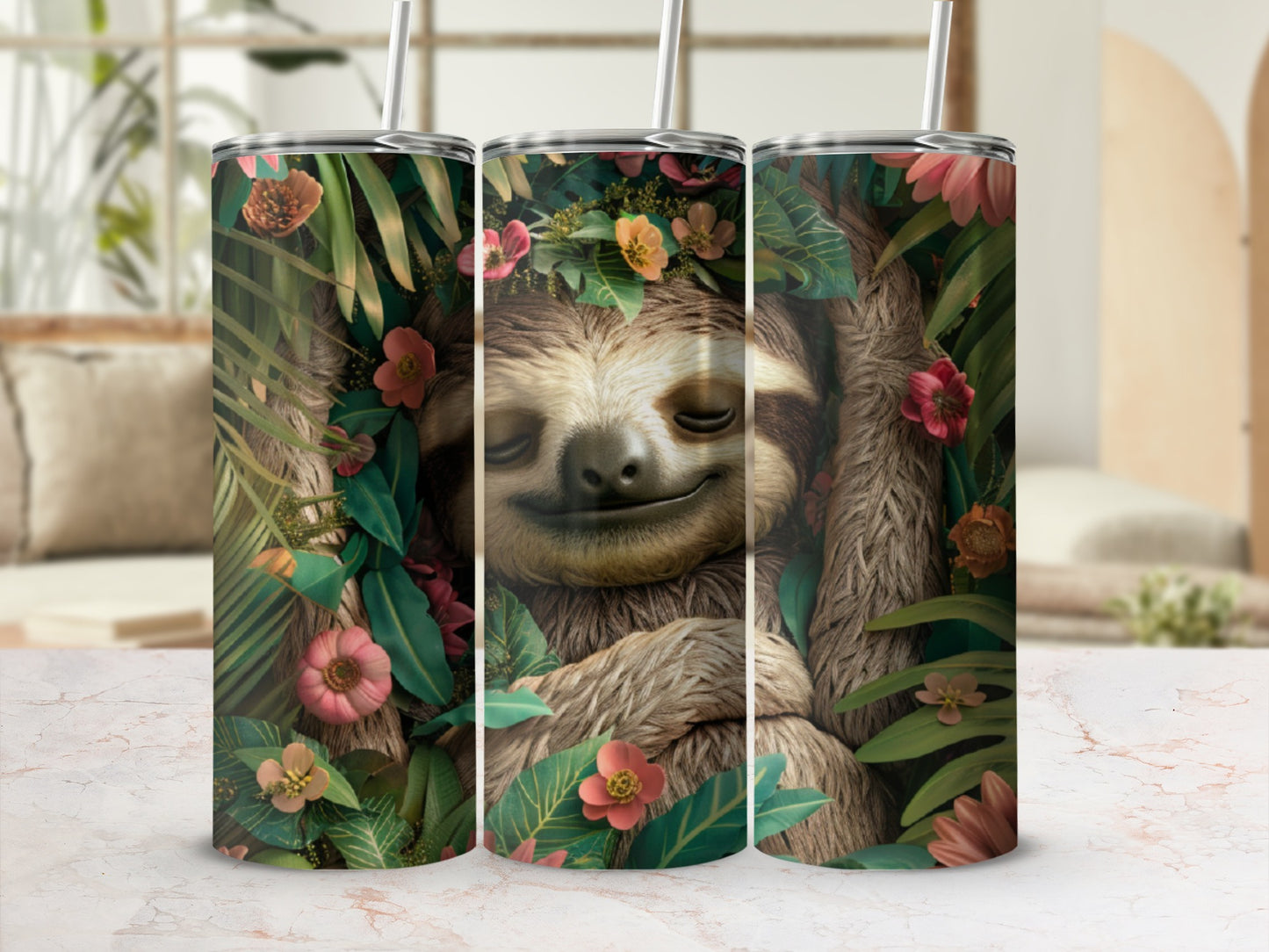 Sloth face with flowers and leaves on a tumbler design.