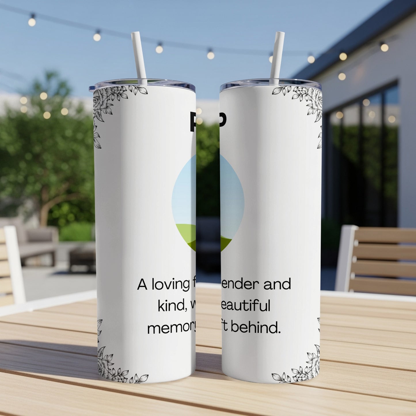 Two white tumblers with floral designs, featuring text about memory and kindness.
