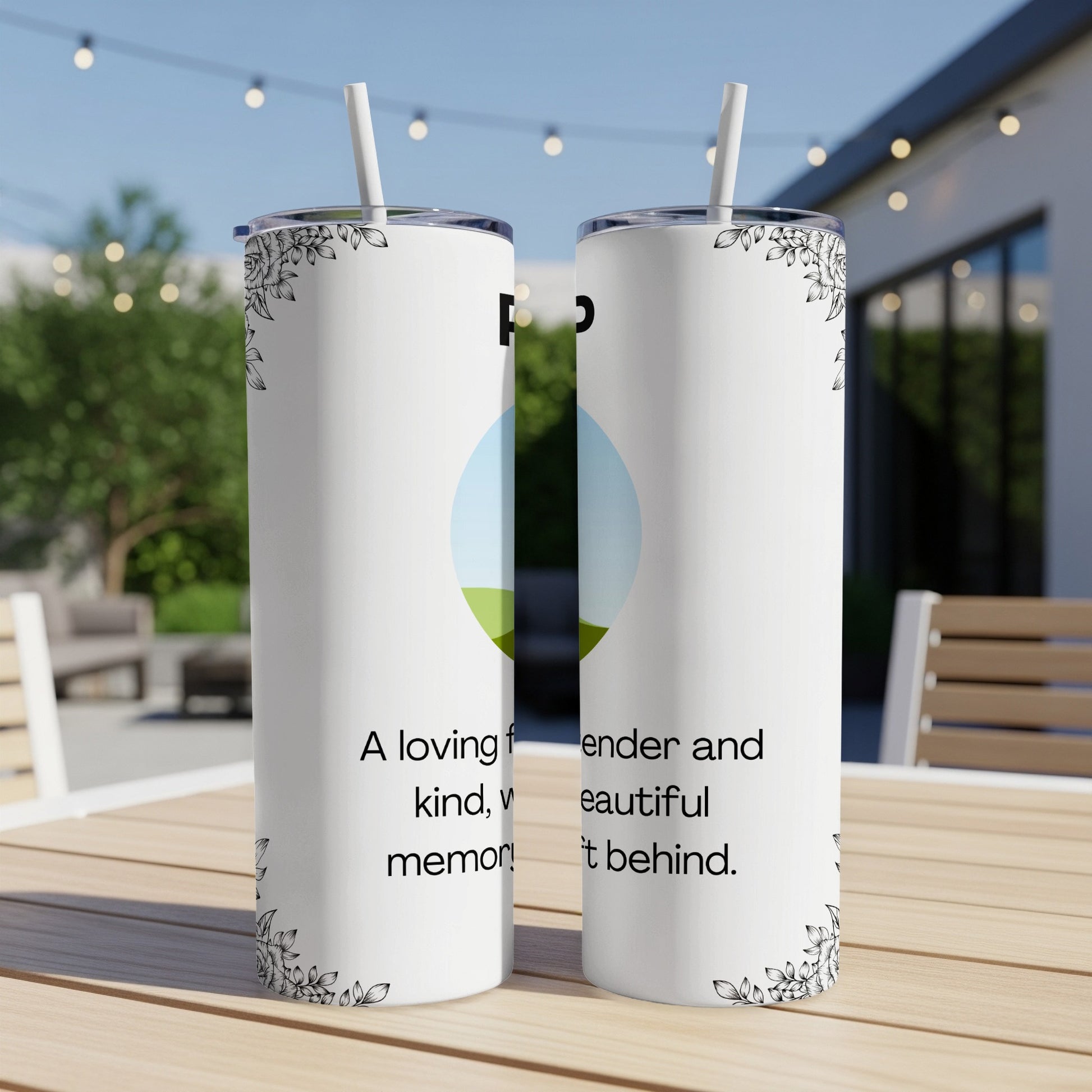 Two white tumblers with floral designs, featuring text about memory and kindness.