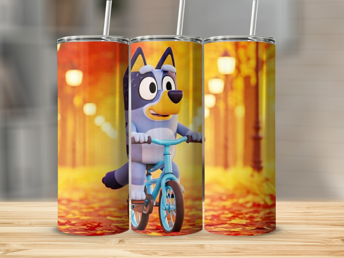 Cartoon Dog on Bicycle Autumn Themed Tumbler