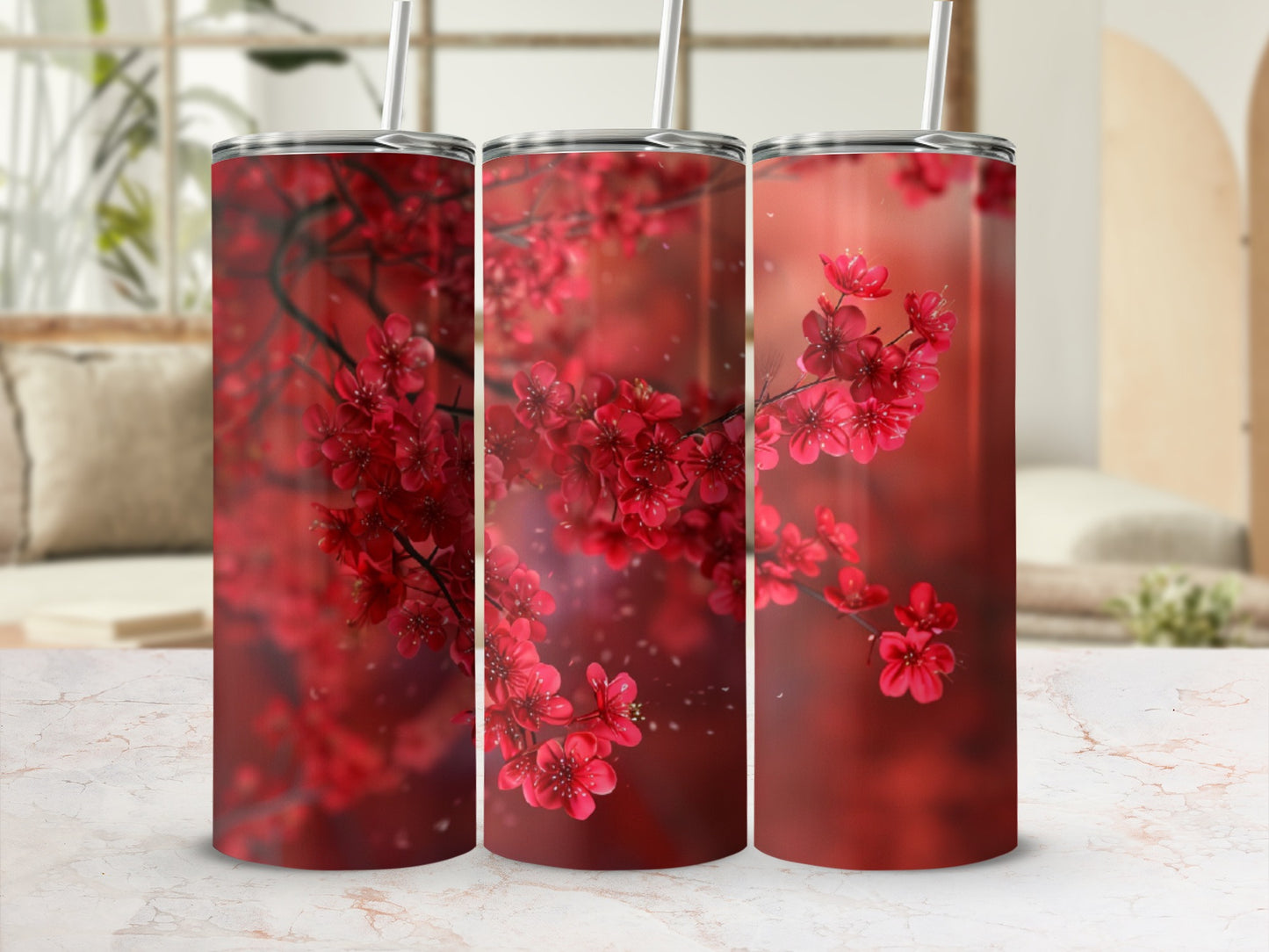 Three tumblers with red cherry blossoms design.