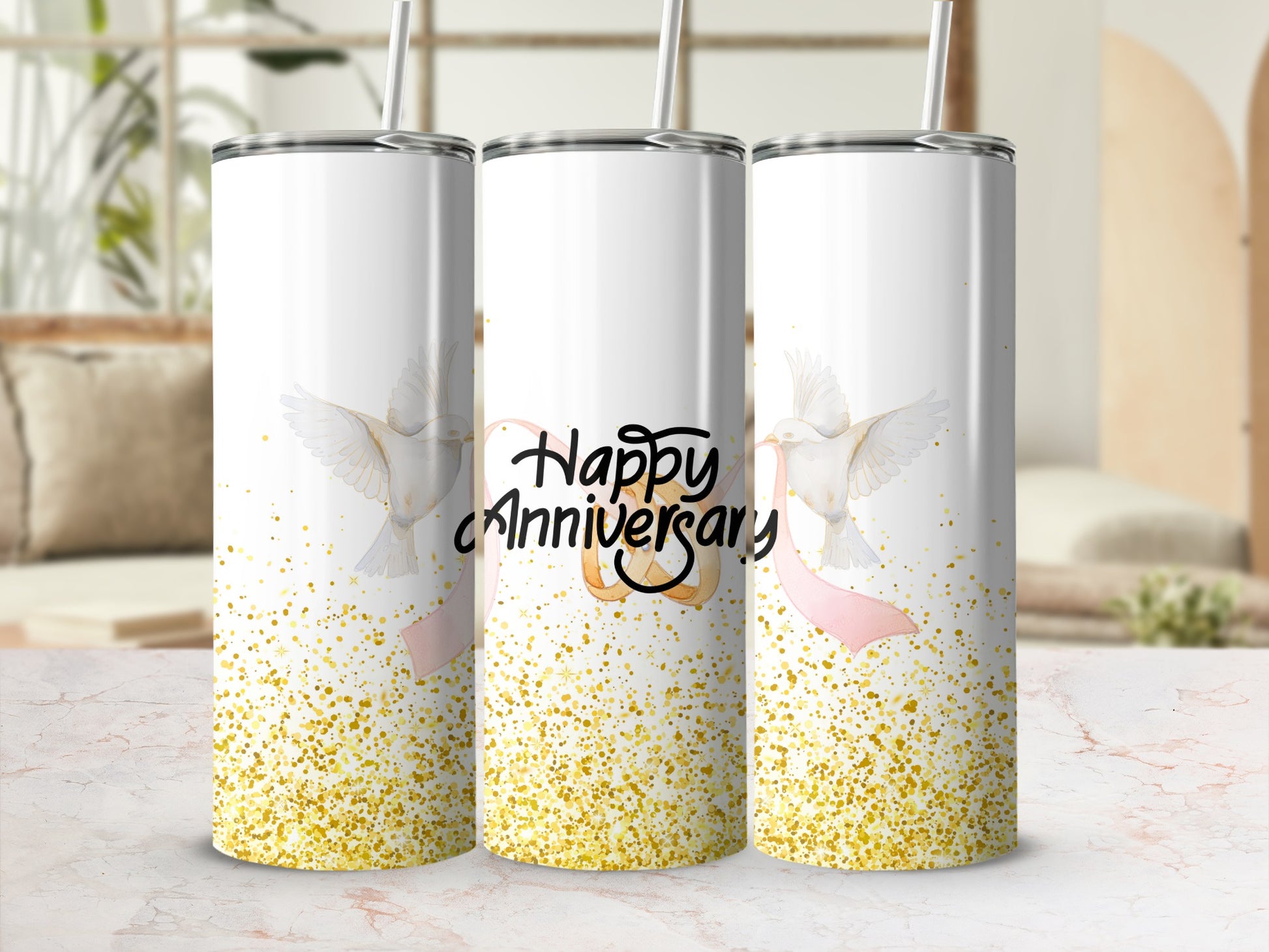 Two doves carrying ribbons with "Happy Anniversary" text on a glittery background.