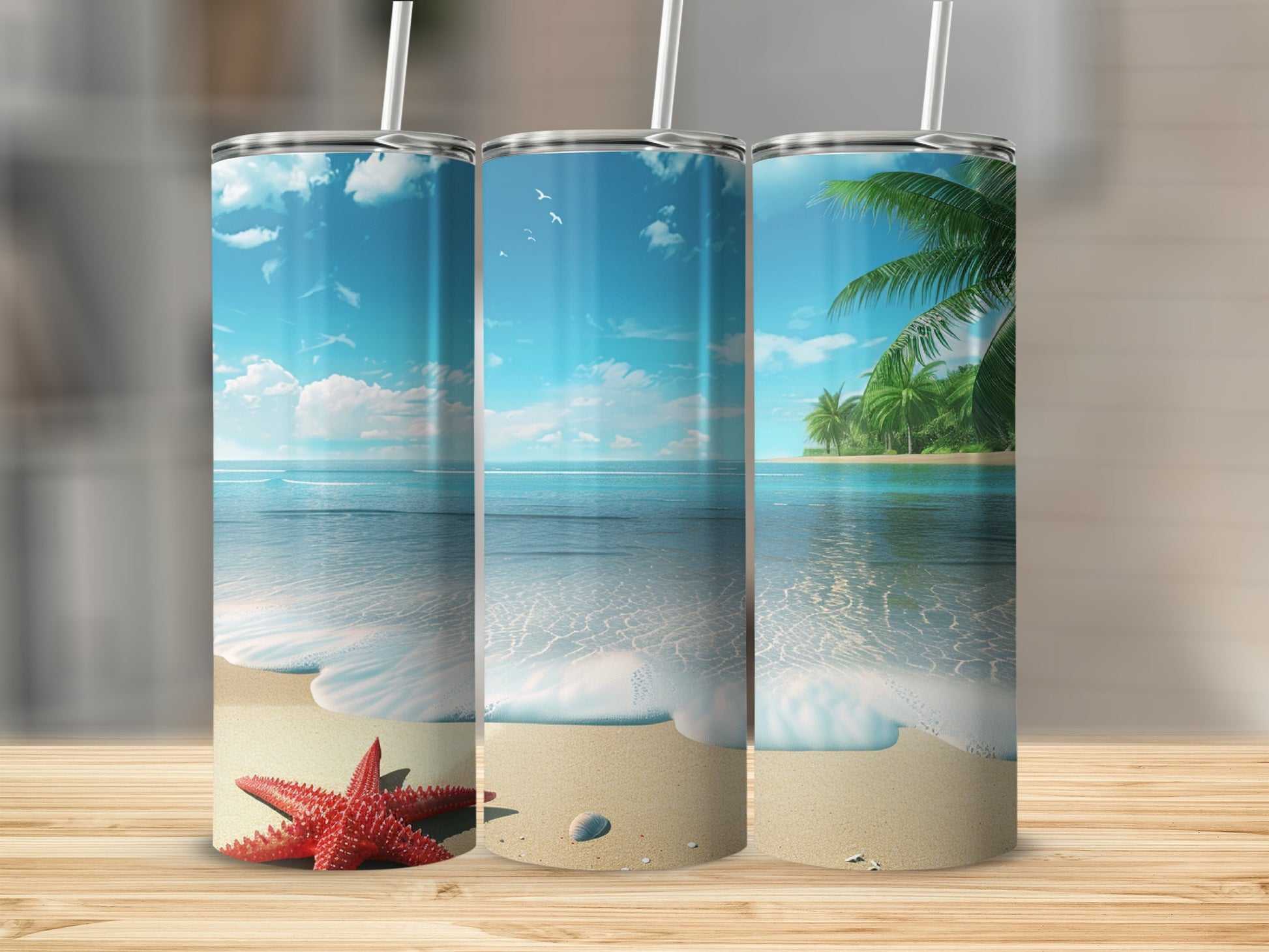 Beach scene tumbler with starfish and palm trees.