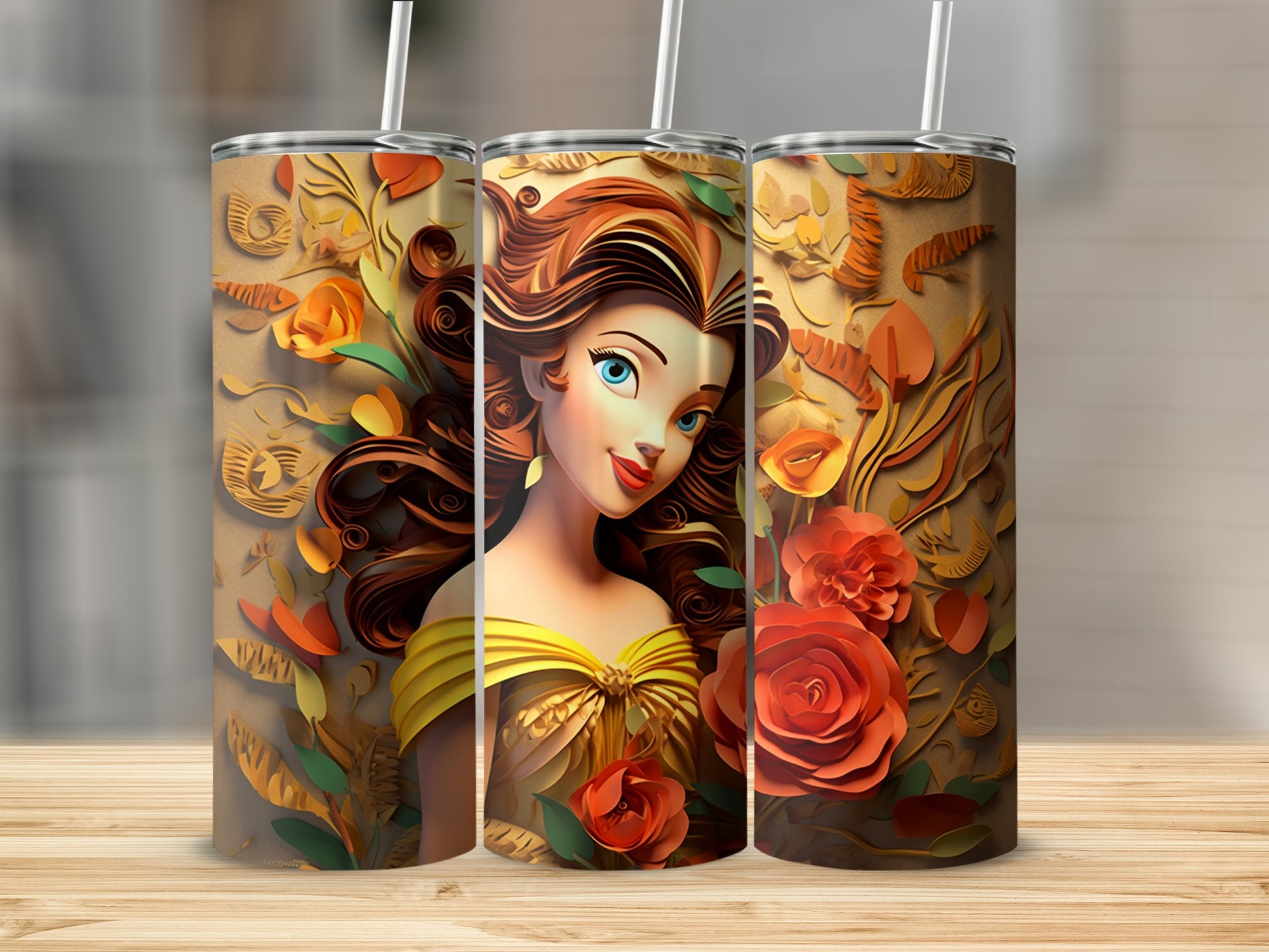 Belle Animated Character Floral Design Tumbler