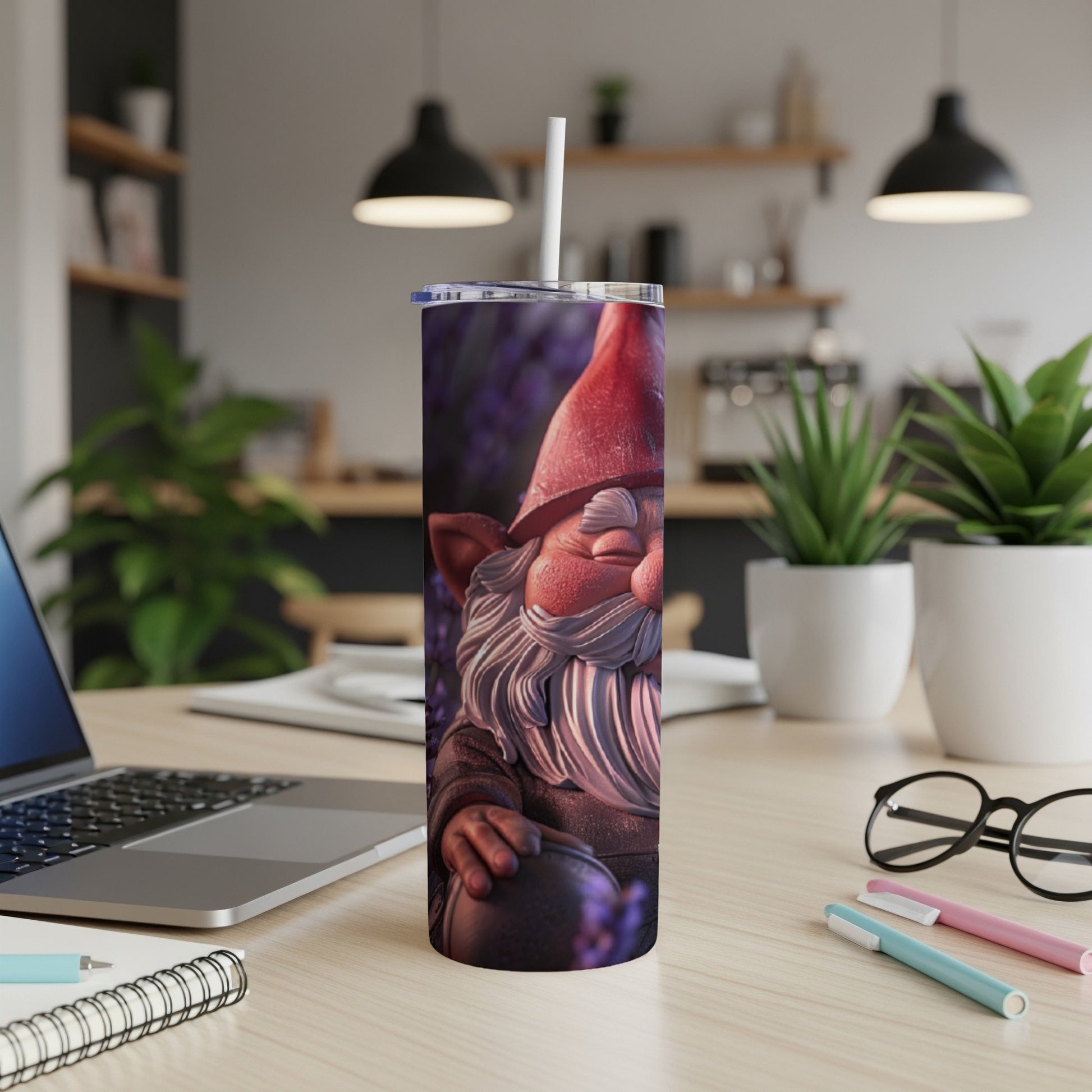 Gnome leaning on a purple object, smiling on a tumbler.