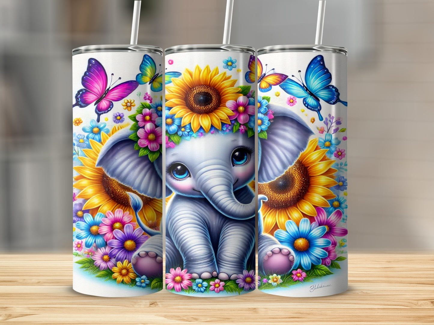 Colorful Elephant and Butterflies Floral Tumbler Product