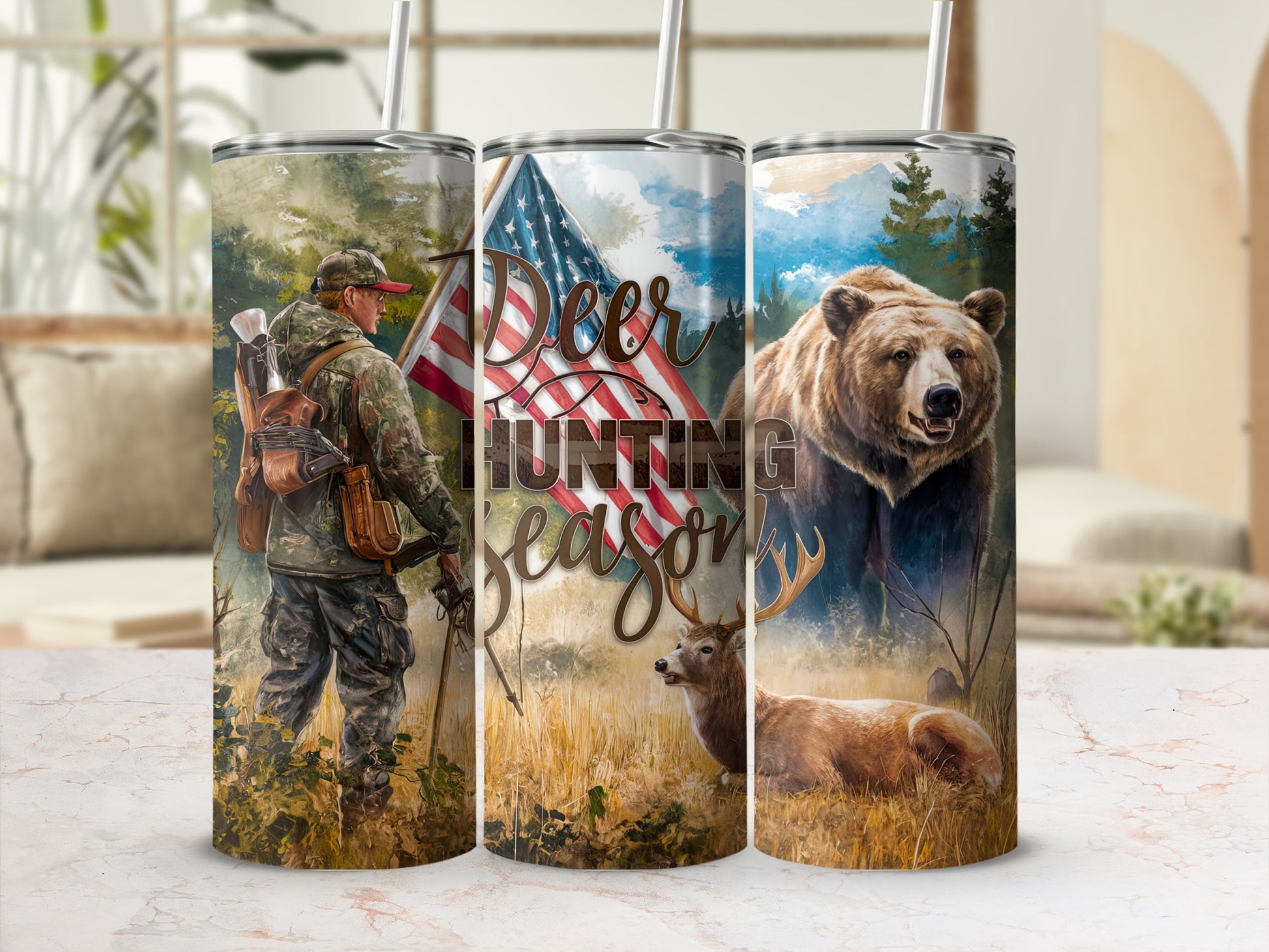 Tumbler with hunter, American flag, bear, and deer in a woodland scene.