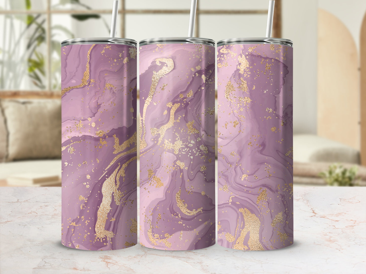 Three tumblers with a marbled purple and gold design.