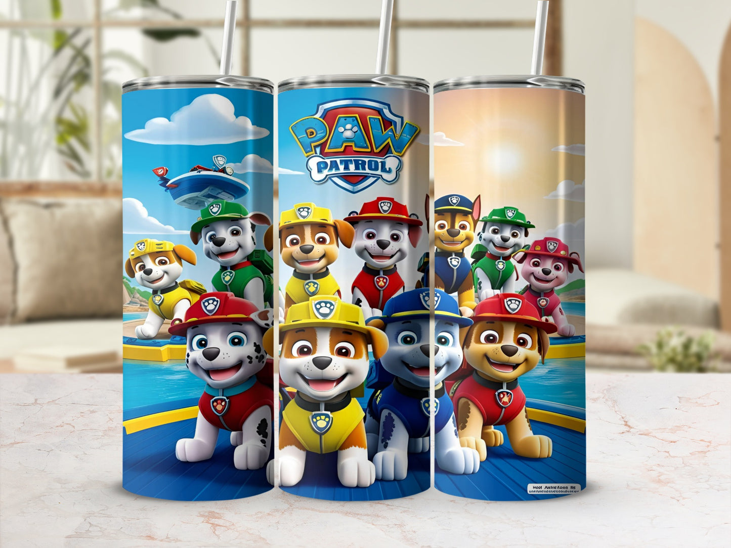 Paw Patrol characters on a blue and yellow tumbler with a beach background.