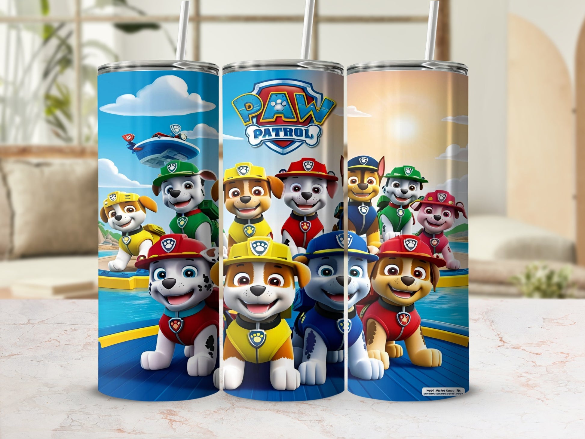 Paw Patrol characters on a blue and yellow tumbler with a beach background.