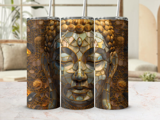Three tumblers featuring a mosaic Buddha face design.