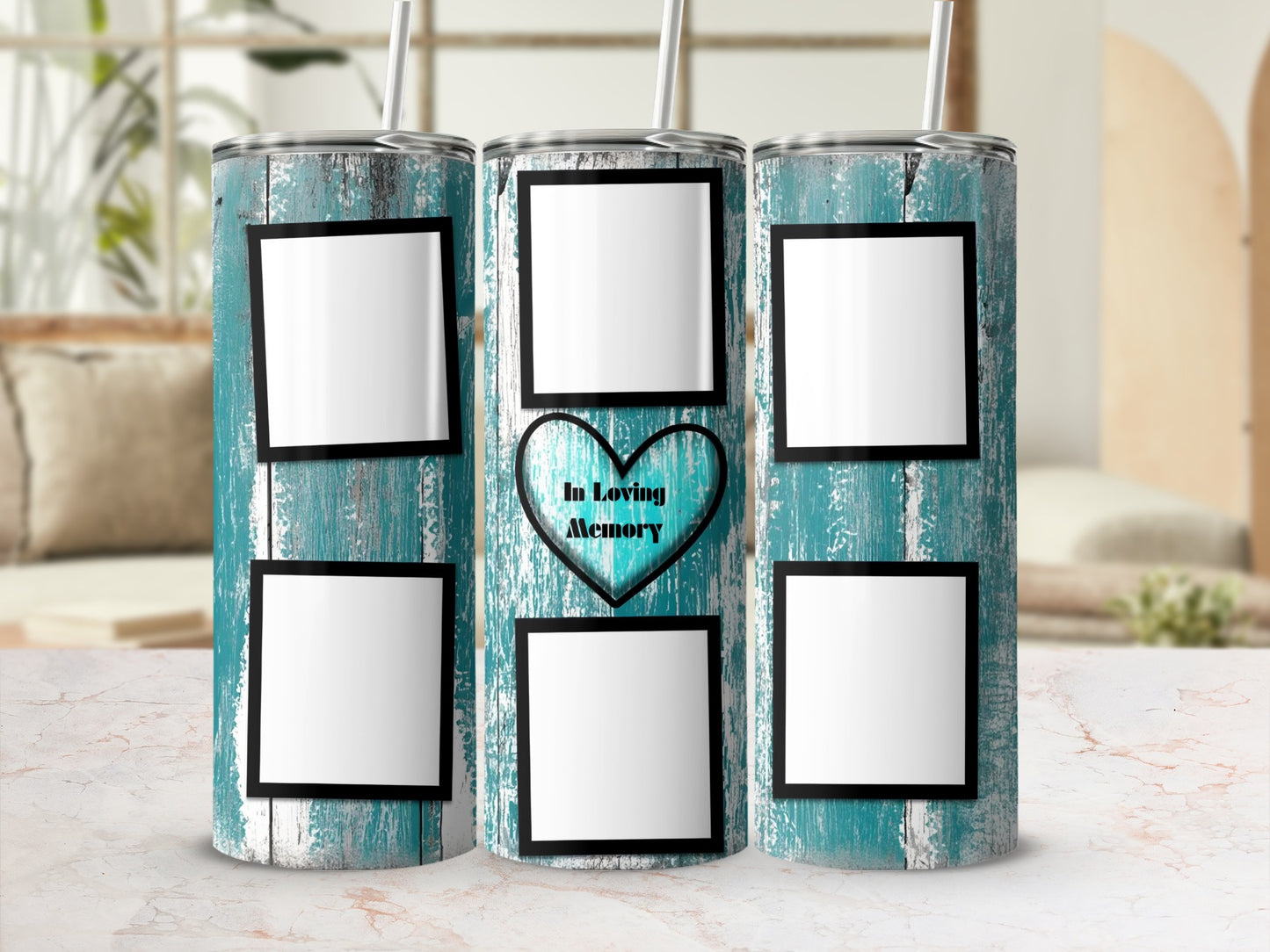 Tumblers with blank photo squares and "In Loving Memory" text within a heart.