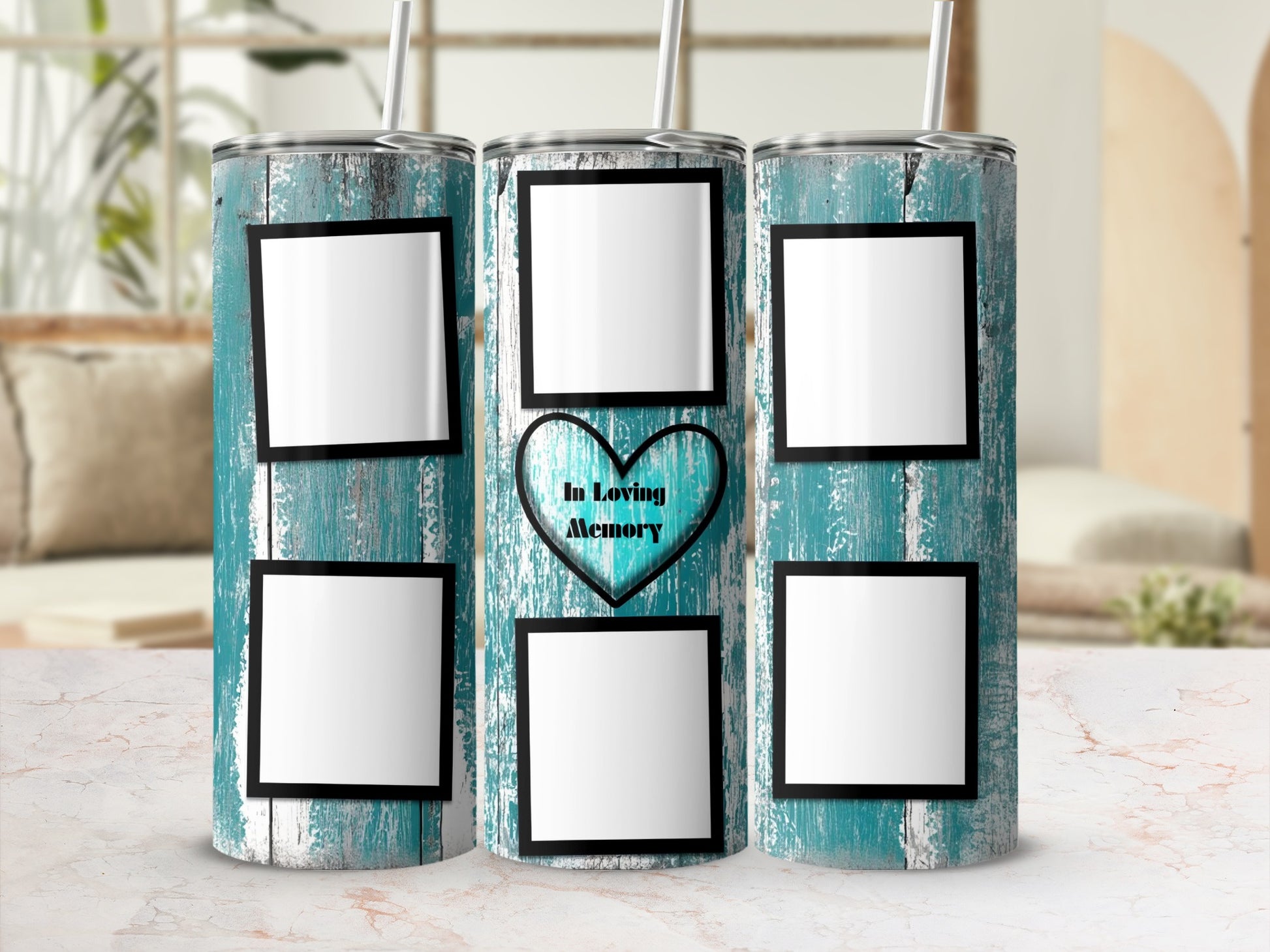 Tumblers with blank photo squares and "In Loving Memory" text within a heart.