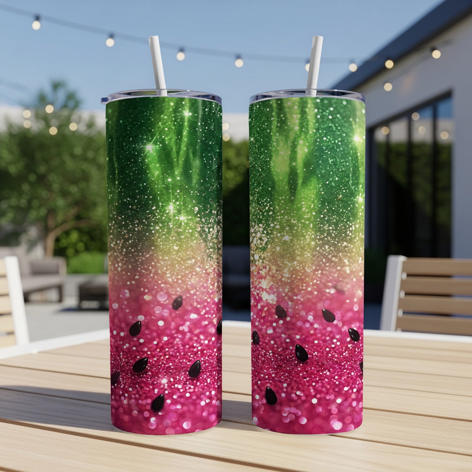 Two glittery tumblers with watermelon and seed design on a table.