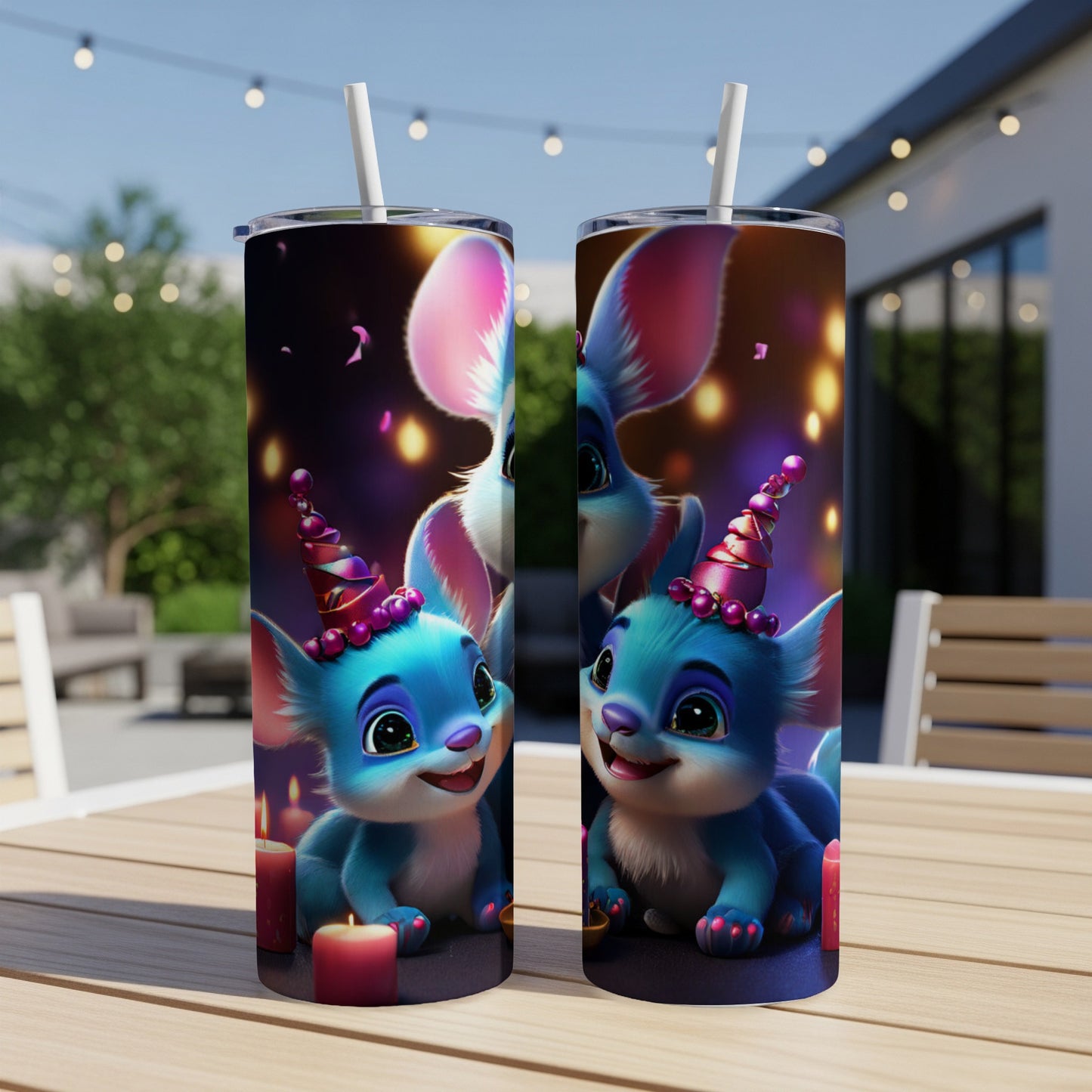 Two blue cartoon characters with party hats on a table outdoors.