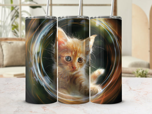 Orange kitten with heterochromia peering through a swirling light effect.