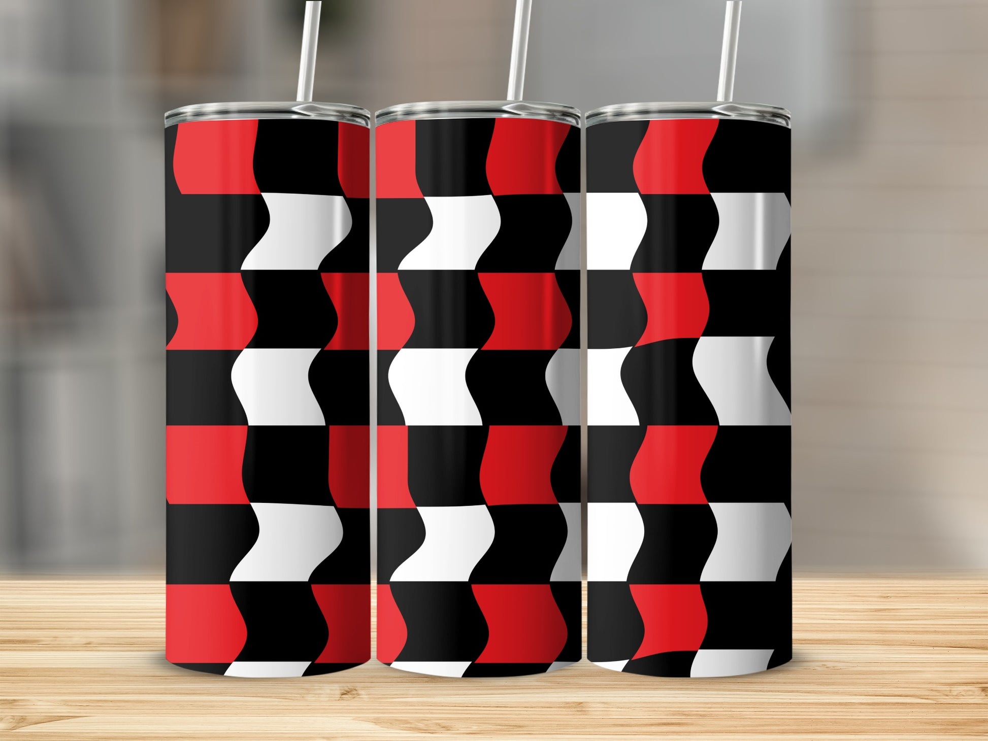 Three tumblers with red, white, and black checkered wave pattern.