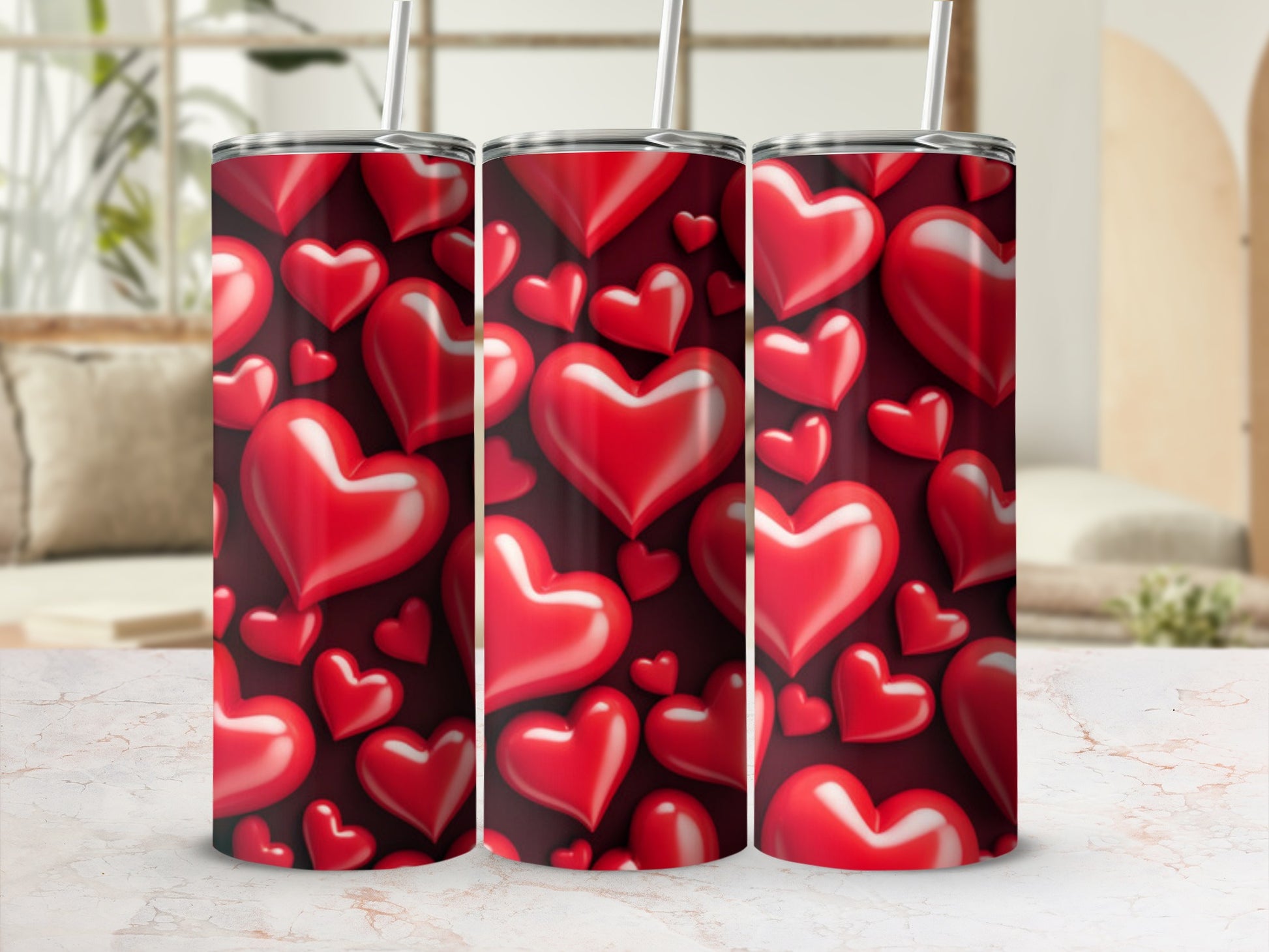 Three stainless steel tumblers with a seamless pattern of red hearts.