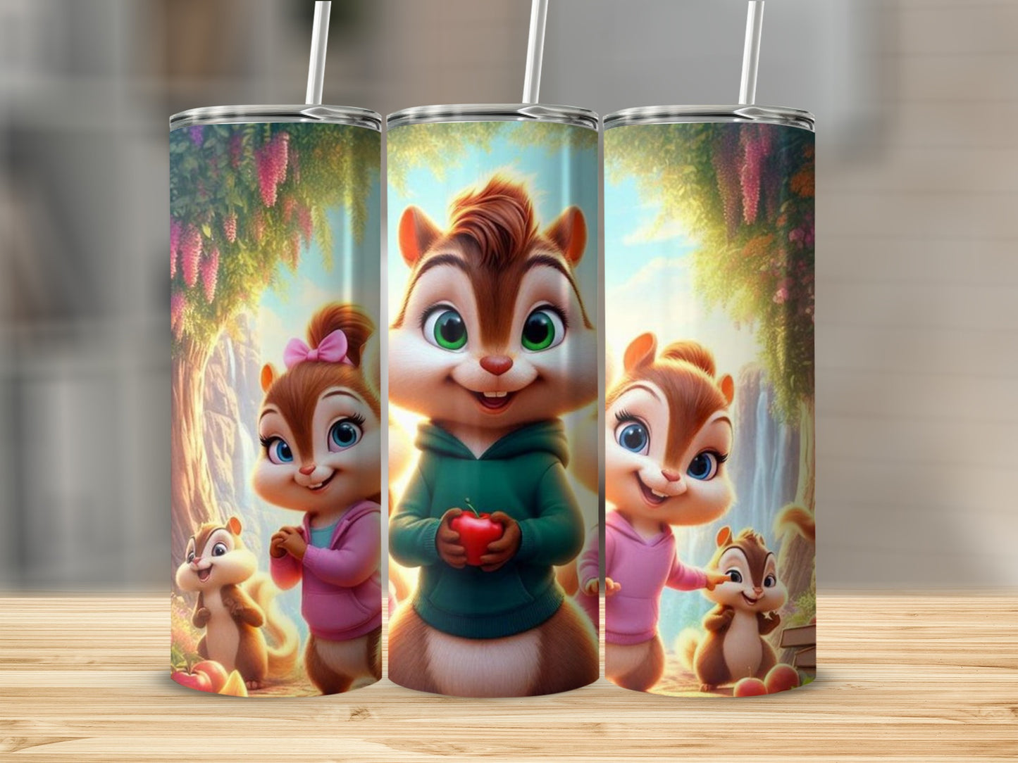 Adorable Cartoon Chipmunks Design Stainless Steel Tumbler