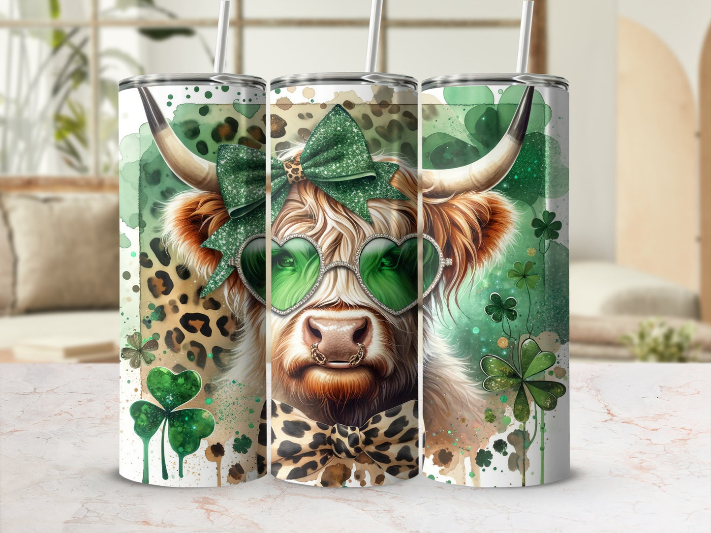Highland cow wearing heart sunglasses and a green bow, on a tumbler.
