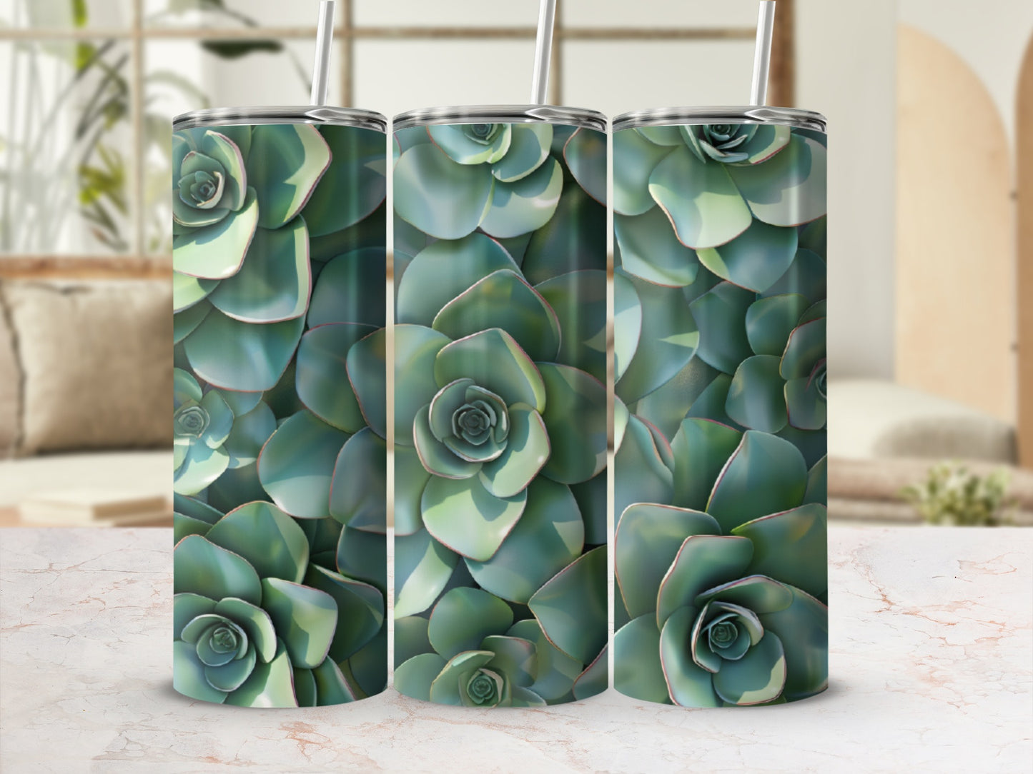 Three tumblers with a green succulent plant pattern.